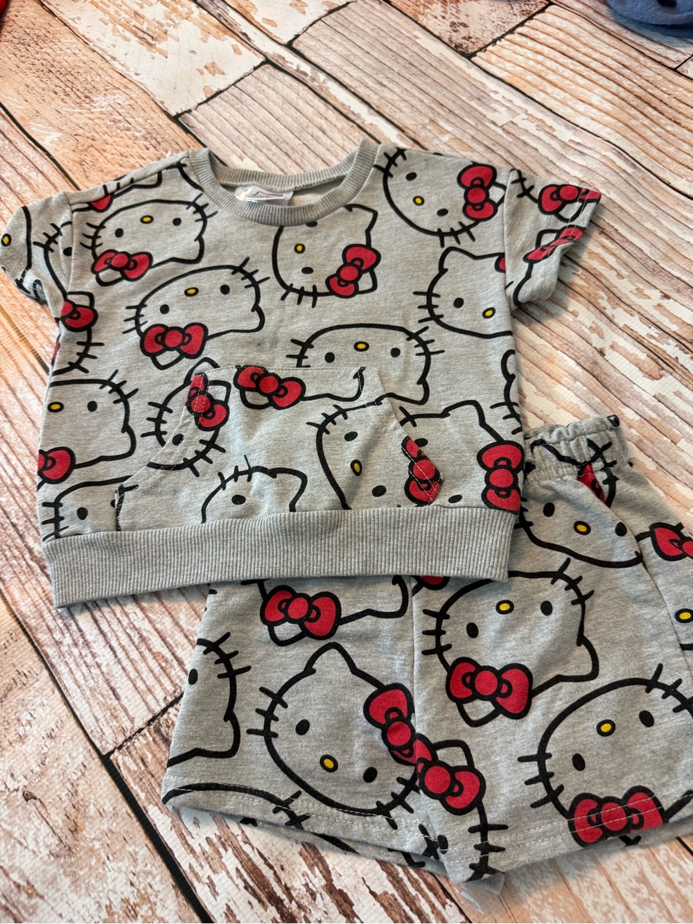 Gray Hello Kitty Print Kids Short Set with Red Accents